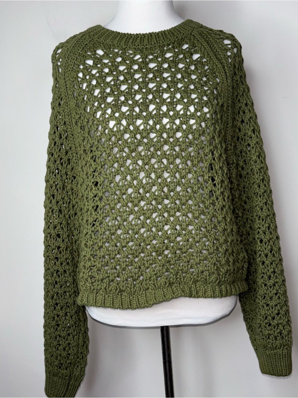Z Supply Women's L Olive Green Open Knit Chunky Sweater Crochet Cotton Blend